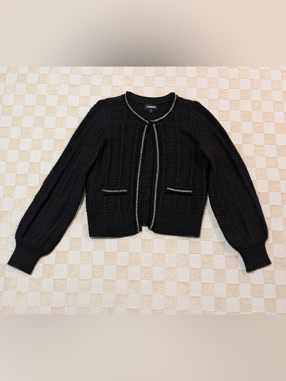Express Black Cropped Knit Cardigan with Chain Detail Size Medium